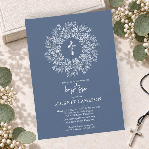 Elegant Religious Blue Cross Baptism Invitation