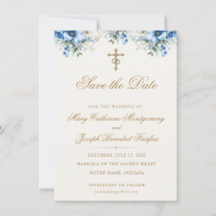 Elegant religious blue floral gold cross wedding save the date