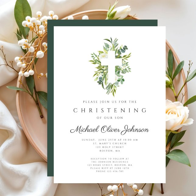 Elegant Religious Botanical Cross Christening Invitation (Elegant Religious Botanical Cross Christening Invitation)