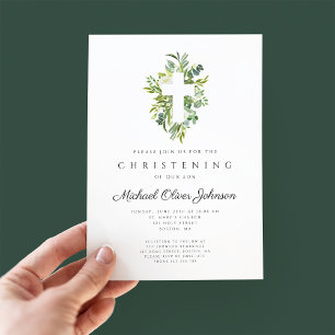 Elegant Religious Botanical Cross Christening Invitation