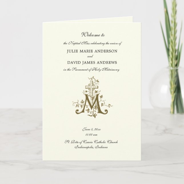 Elegant Religious Catholic Wedding Mass Program Card (Front)