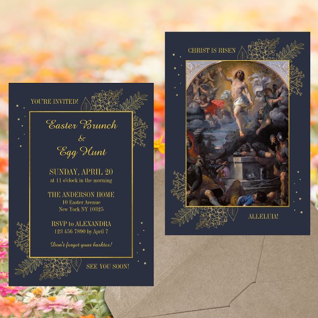 Elegant Religious Christian Easter Brunch Egg Hunt Invitation (Baroque Elegant Religious Christian Catholic Resurrection of Jesus Easter Brunch Egg Hunt Invitation)