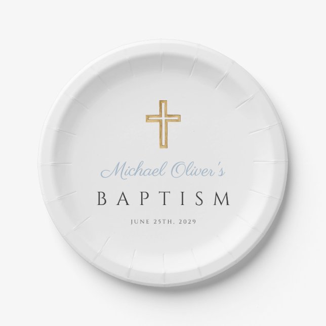 Elegant Religious Cross Baby Blue Script Baptism Paper Plate (Front)
