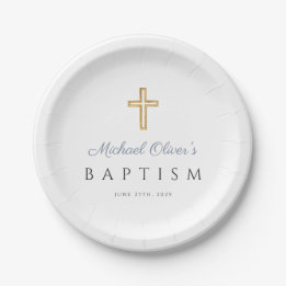 Elegant Religious Cross Blue Boy Baptism Paper Plate
