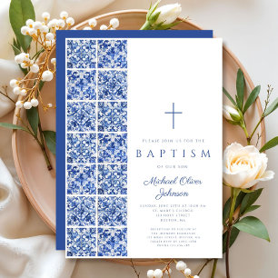 Elegant Religious Cross Blue Tiles Baptism Invitation