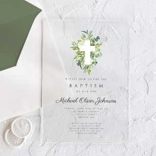 Elegant Religious Cross Botanical Baptism Acrylic Invitations
