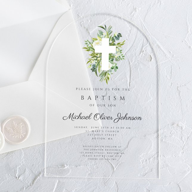 Elegant Religious Cross Botanical Baptism Acrylic Invitations (Elegant Religious Cross Botanical Baptism Acrylic Invitations)