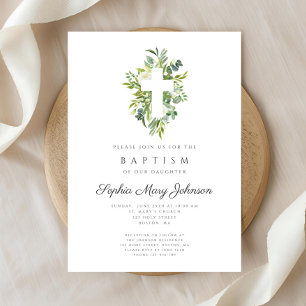 Elegant Religious Cross Botanical Baptism Invitation