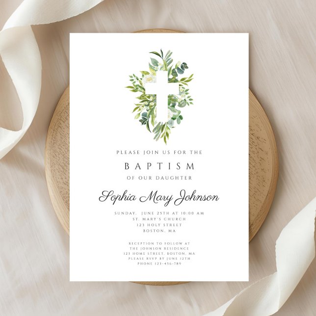 Elegant Religious Cross Botanical Baptism Invitation (Elegant Religious Cross Botanical Baptism Invitation)