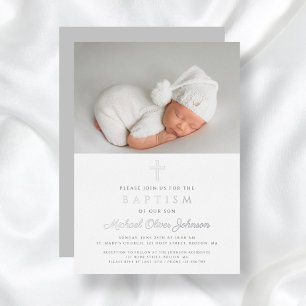 Elegant Religious Cross Boy Baptism Photo Silver