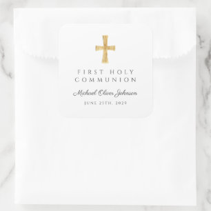 Elegant Religious Cross Boy First Communion Square Sticker