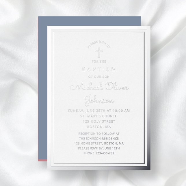 Elegant Religious Cross Dusty Blue Boy Baptism (Elegant Religious Cross Dusty Blue Boy Baptism Foil Invitation)