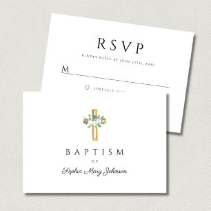 Elegant Religious Cross Floral Baptism  RSVP Card