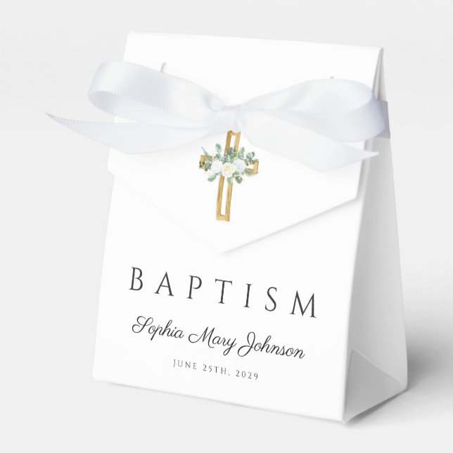 Elegant Religious Cross Floral Peonies Baptism Favour Box (Front Side)