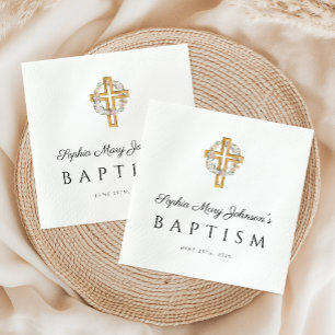 Elegant Religious Cross Floral Wreath Baptism  Napkin