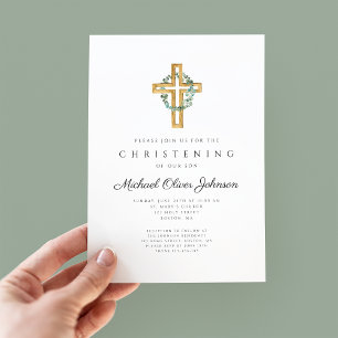 Elegant Religious Cross Floral Wreath Christening Invitation
