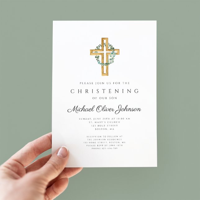 Elegant Religious Cross Floral Wreath Christening Invitation (Creator Uploaded)