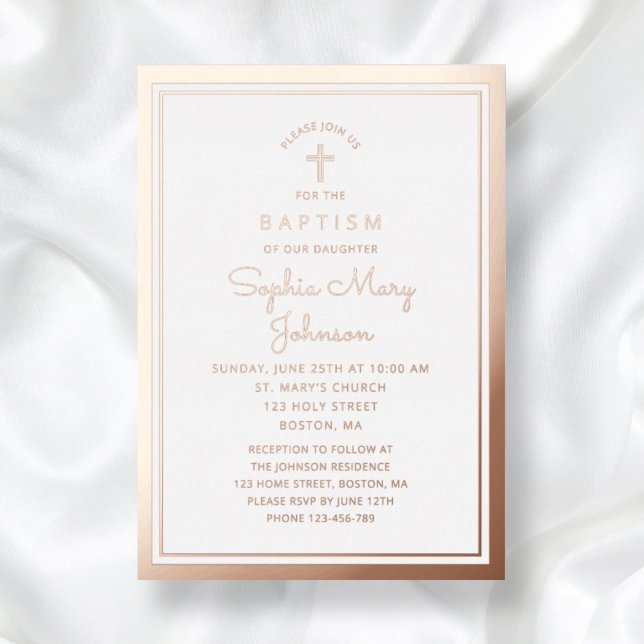 Elegant Religious Cross Girl Baptism Rose Gold (Elegant Religious Rose Gold Cross Script Baptism Foil Invitation)