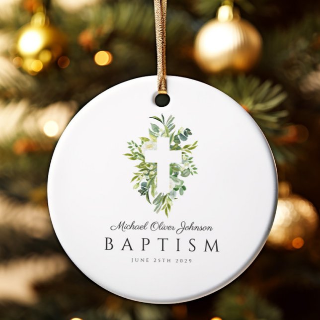 Elegant Religious Cross Green Botanical Baptism Ceramic Tree Decoration (Elegant Religious Cross Green Botanical Baptism Ceramic Ornament)