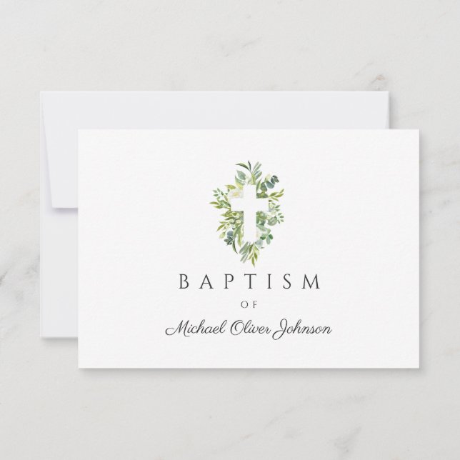 Elegant Religious Cross Green Botanical Baptism  RSVP Card (Back)