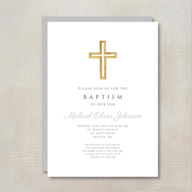 Elegant Religious Cross Grey Script Boy Baptism Invitation (Elegant Religious Cross Gray Script Boy Baptism Invitation)