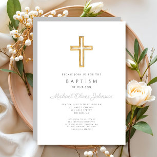 Elegant Religious Cross Grey Script Boy Baptism Invitation