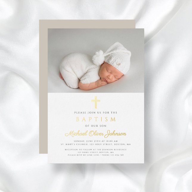Elegant Religious Cross Photo Baptism Gold (Elegant Religious Cross Photo Baptism Gold Foil Invitation)