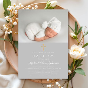 Elegant Religious Cross Photo Baptism Invitation