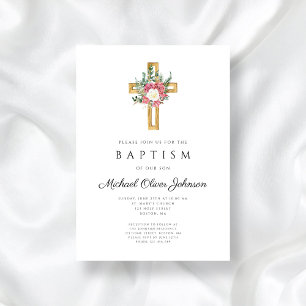 Elegant Religious Cross Pink Floral Baptism Invitation