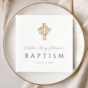 Elegant Religious Cross Pink Floral Baptism Napkin