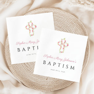 Elegant Religious Cross Pink Floral Baptism Napkin