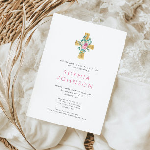 Elegant Religious Cross Pink Floral Girl Baptism  Invitation