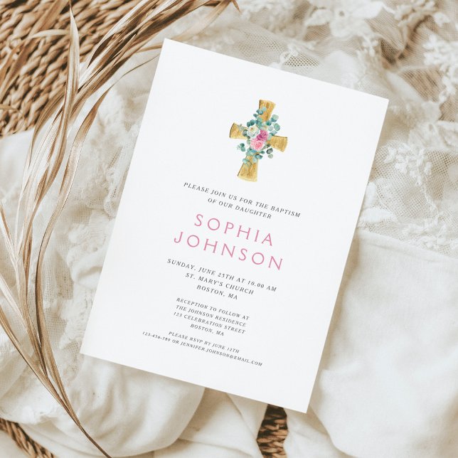 Elegant Religious Cross Pink Floral Girl Baptism  Invitation (Elegant Religious Cross Pink Floral Girl Baptism Invitation)
