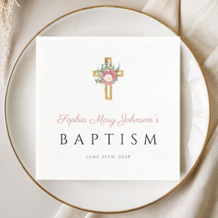 Elegant Religious Cross Pink Floral Girl Baptism Napkin
