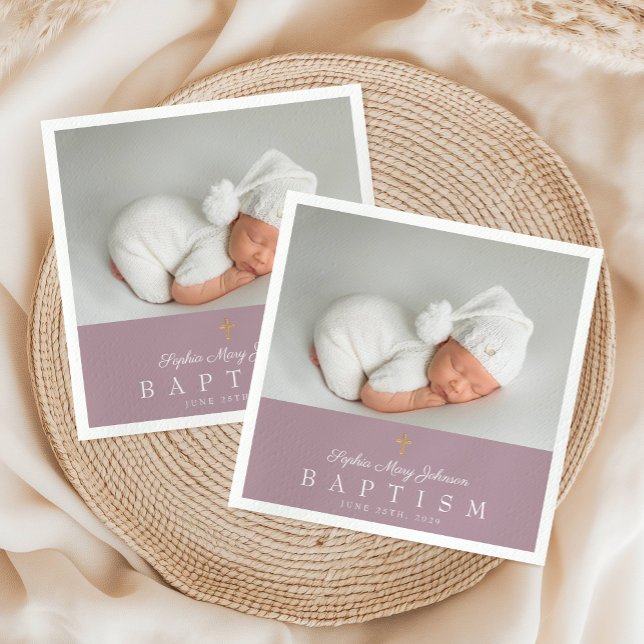 Elegant Religious Cross Purple Photo Baptism Napkin (Elegant Religious Cross Purple Photo Baptism Napkins)