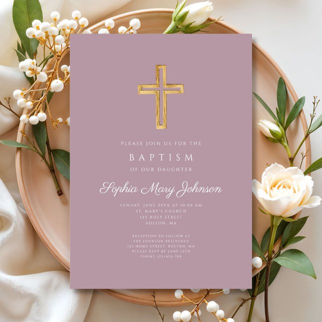 Elegant Religious Cross Purple Script Girl Baptism Invitation (Elegant Religious Cross Purple Script Girl Baptism Invitation)