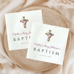 Elegant Religious Cross Red Floral Baptism Napkin