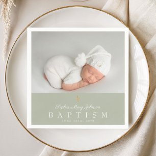 Elegant Religious Cross Sage Green Baptism Napkin