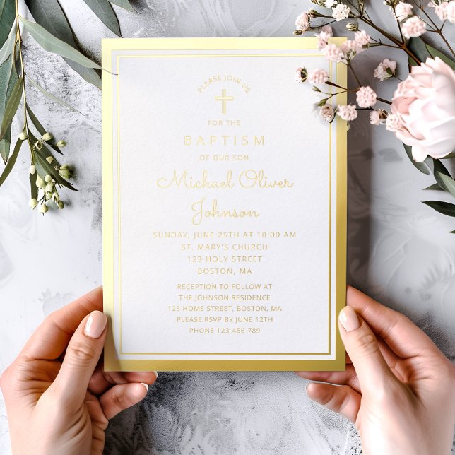 Elegant Religious Cross Script Baptism Gold (Elegant Religious Gold Cross Script Baptism Foil Invitation)