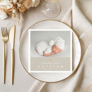 Elegant Religious Cross Taupe Photo Baptism Napkin
