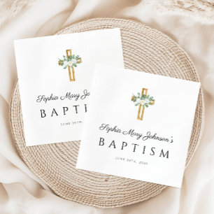 Elegant Religious Cross White Floral Baptism  Napkin