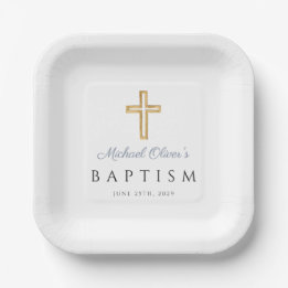 Elegant Religious Dusty Blue Script Boy Baptism Paper Plate