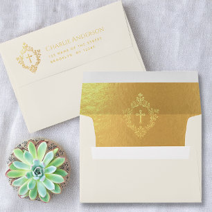 Elegant Religious Faux Gold Cross Crest Ivory Envelope