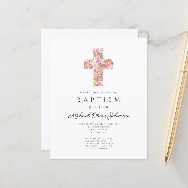 Elegant Religious Floral Pink Cross Baptism  (Front/Back In Situ)