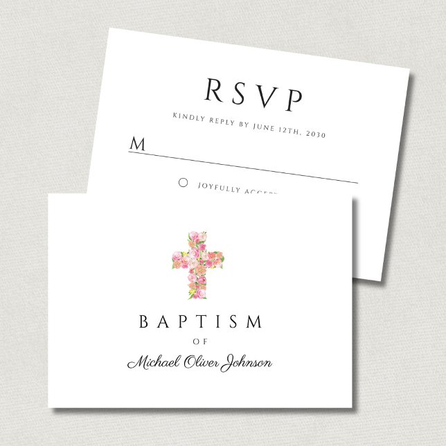 Elegant Religious Floral Pink Cross Baptism RSVP Card (Elegant Religious Floral Pink Cross Baptism RSVP Card)