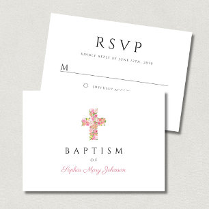 Elegant Religious Floral Pink Cross Girl Baptism RSVP Card