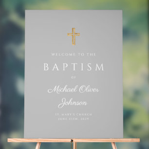 Elegant Religious Grey Boy Baptism Welcome Acrylic Sign