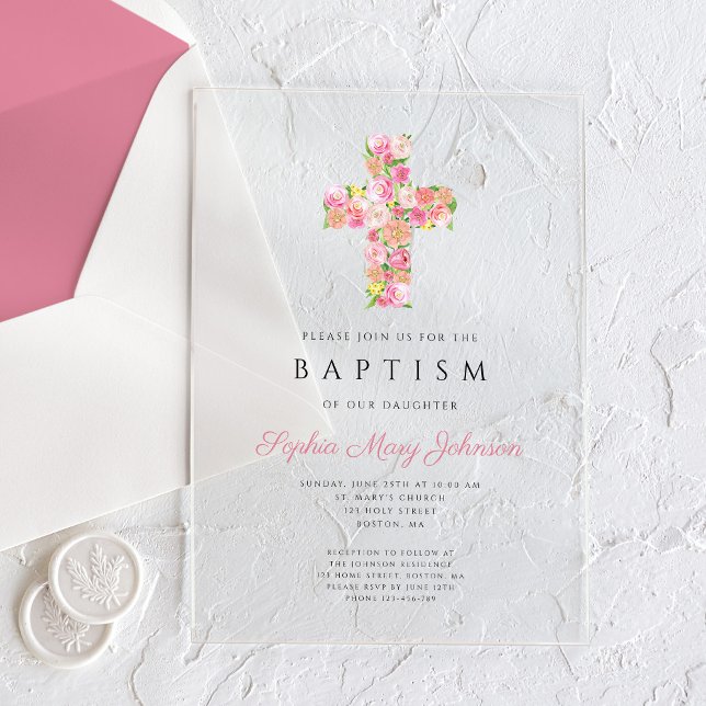 Elegant Religious Pink Floral Cross Baptism Acrylic Invitations (Elegant Religious Pink Floral Cross Baptism Acrylic Invitations)