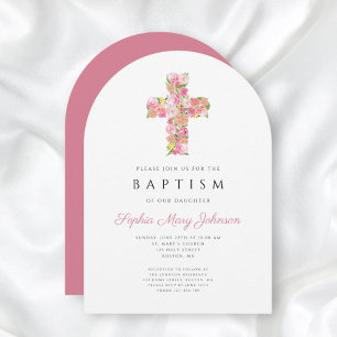 Elegant Religious Pink Floral Cross Baptism Arch Invitation