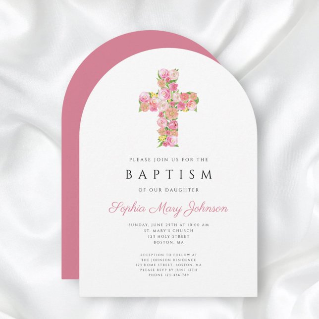 Elegant Religious Pink Floral Cross Baptism Arch Invitation (Elegant Religious Pink Floral Cross Baptism Arch Invitation)